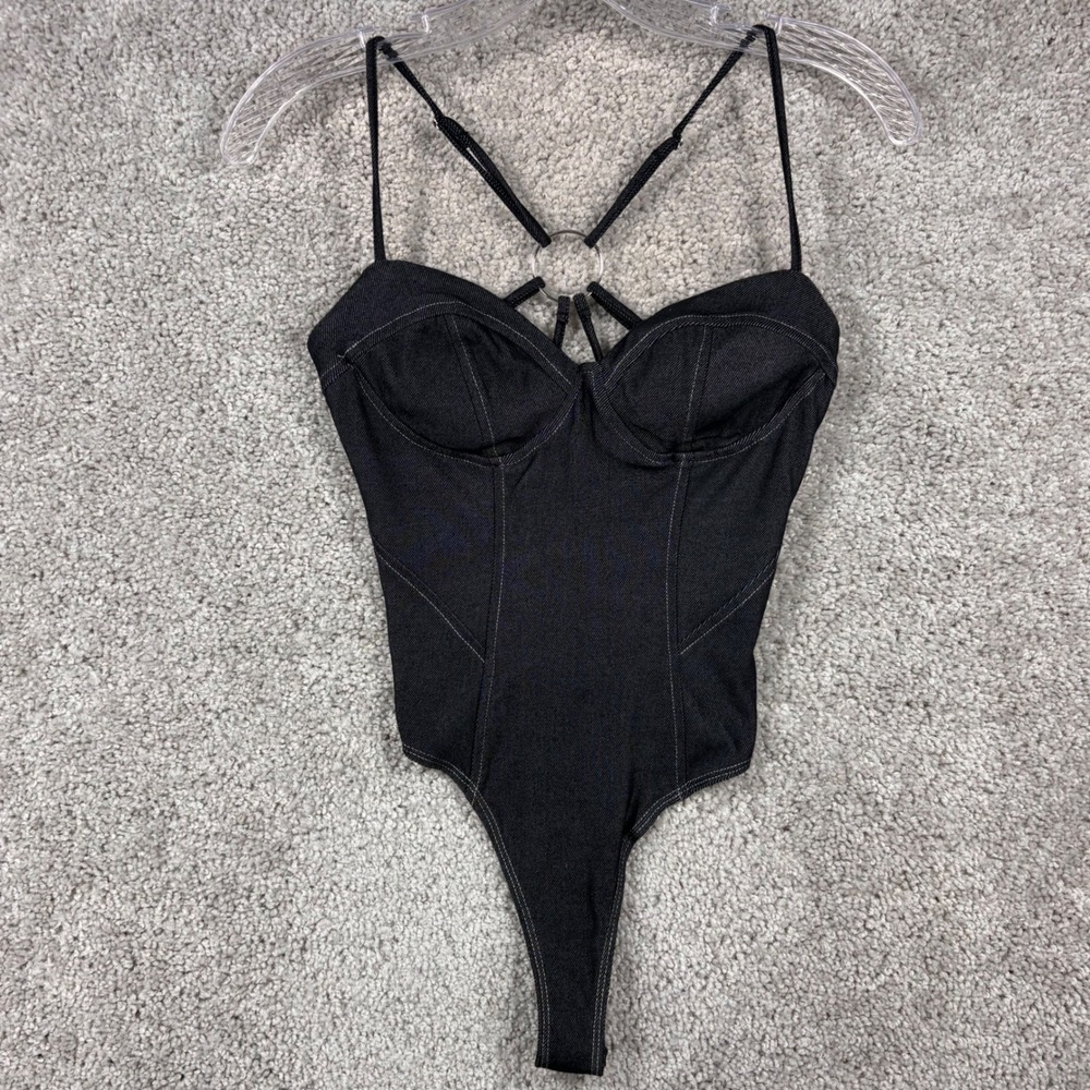 Meraki Womens Black Denim Look Strappy O-Ring Bodysuit Sweetheart Small MB5185